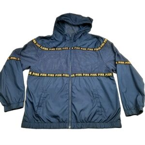 VS Pink Sporty Windbreaker Navy Gold Logo Mesh Full Zip Jacket With Hood M/L